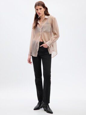 NWOT GAP Bedrock Beige Sheer Organza Oversized Button Up Big Shirt, Size S